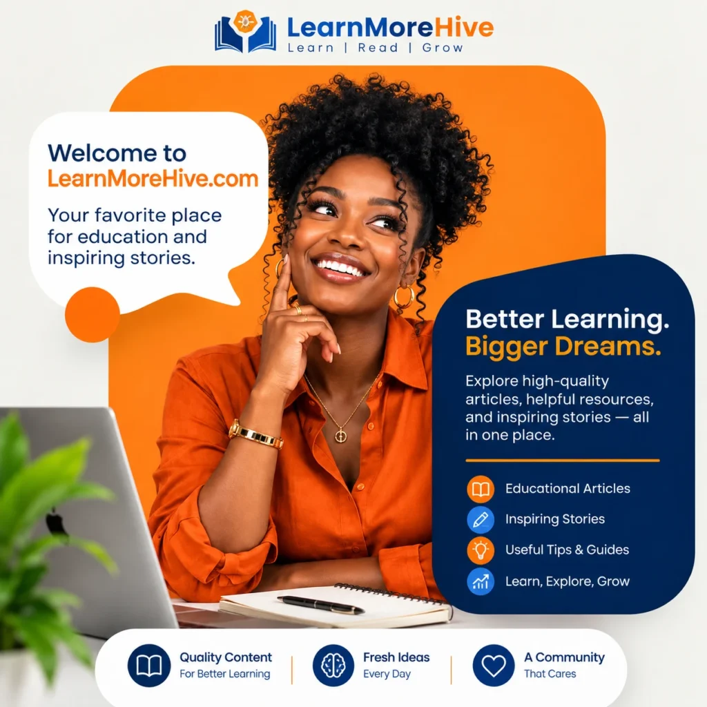 LearnMoreHive welcome banner with a smiling learner at her desk