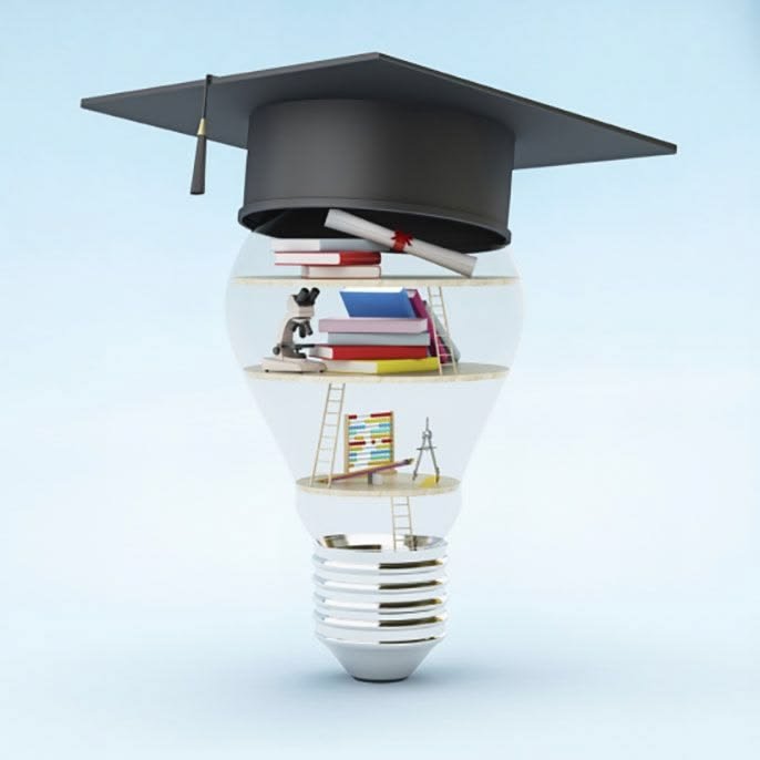 Light bulb with a graduation cap and shelves of books, a microscope and an abacus inside