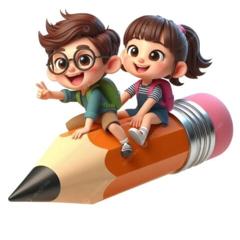 Two cartoon children riding a giant pencil