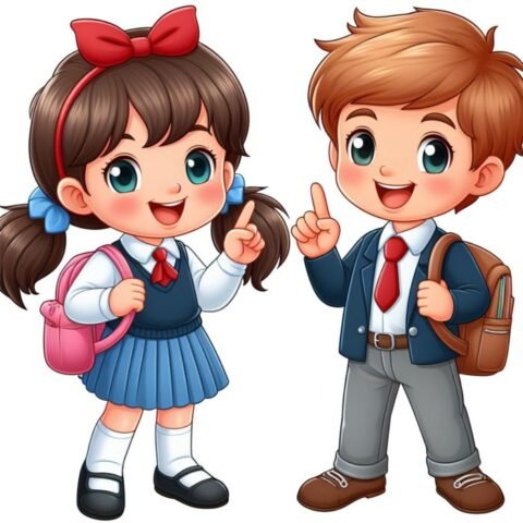 Two cartoon school children in uniform with backpacks