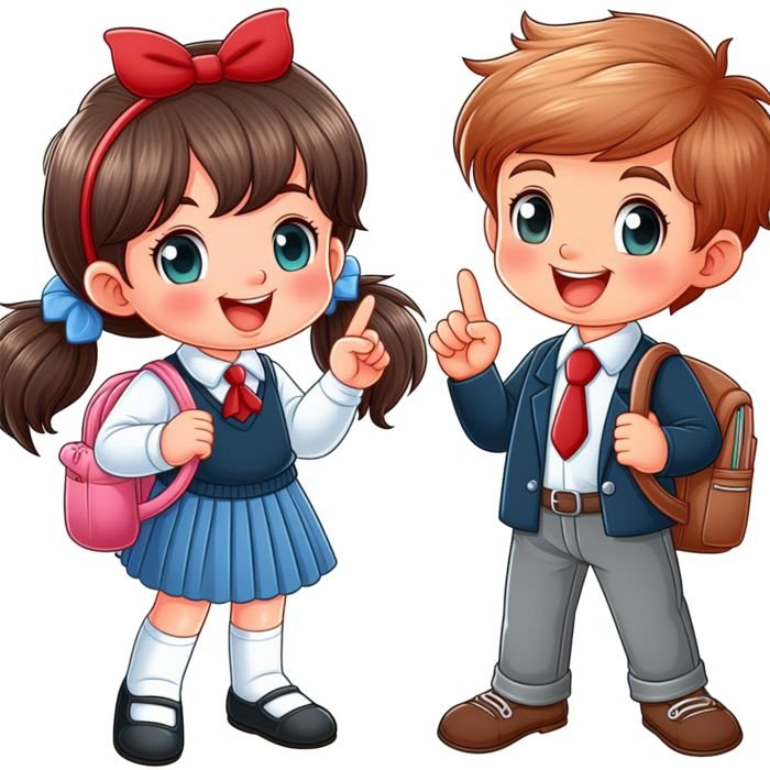 Two cartoon school children in uniform with backpacks