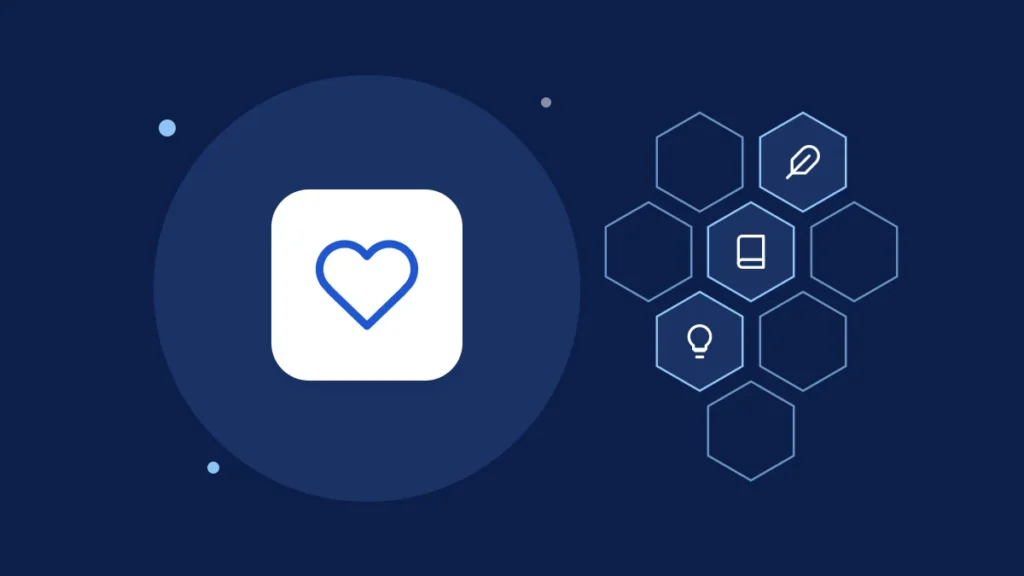 Illustration of a heart with icons for stories, books and ideas